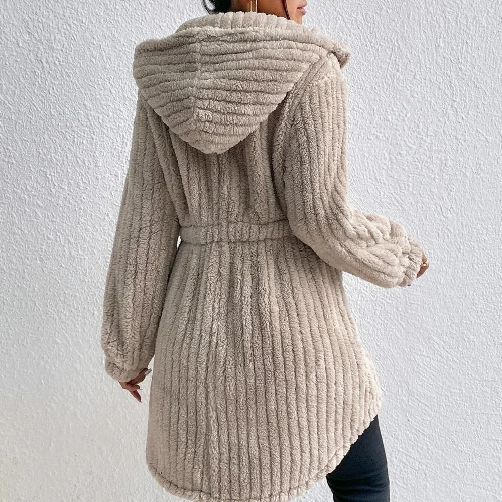 Khaki Button Front Hooded Teddy Coat - Picture 3 of 7